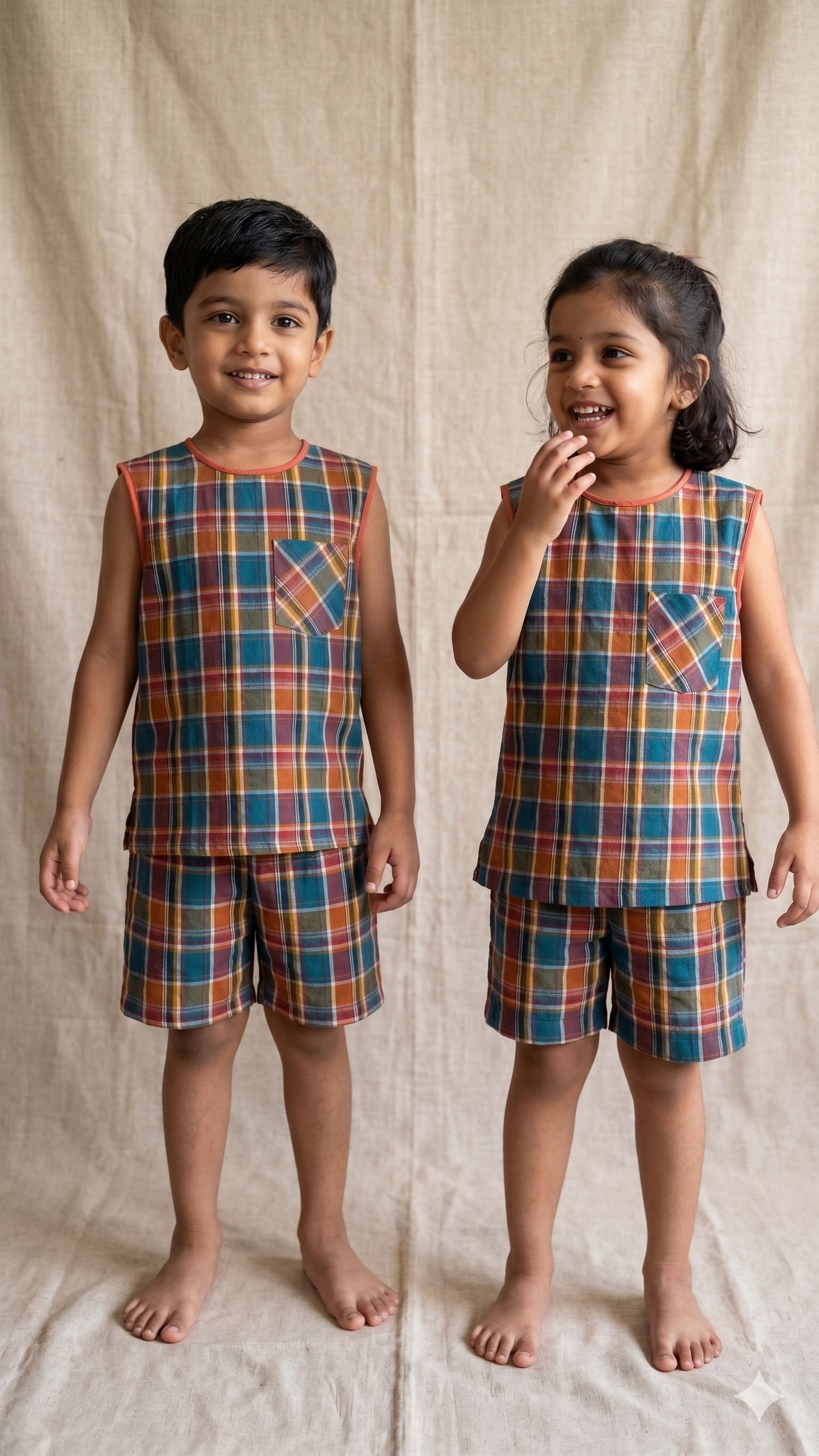 Multicolor Woven Madras Check Cotton Sleeveless Tee and Shorts Co-ord Set