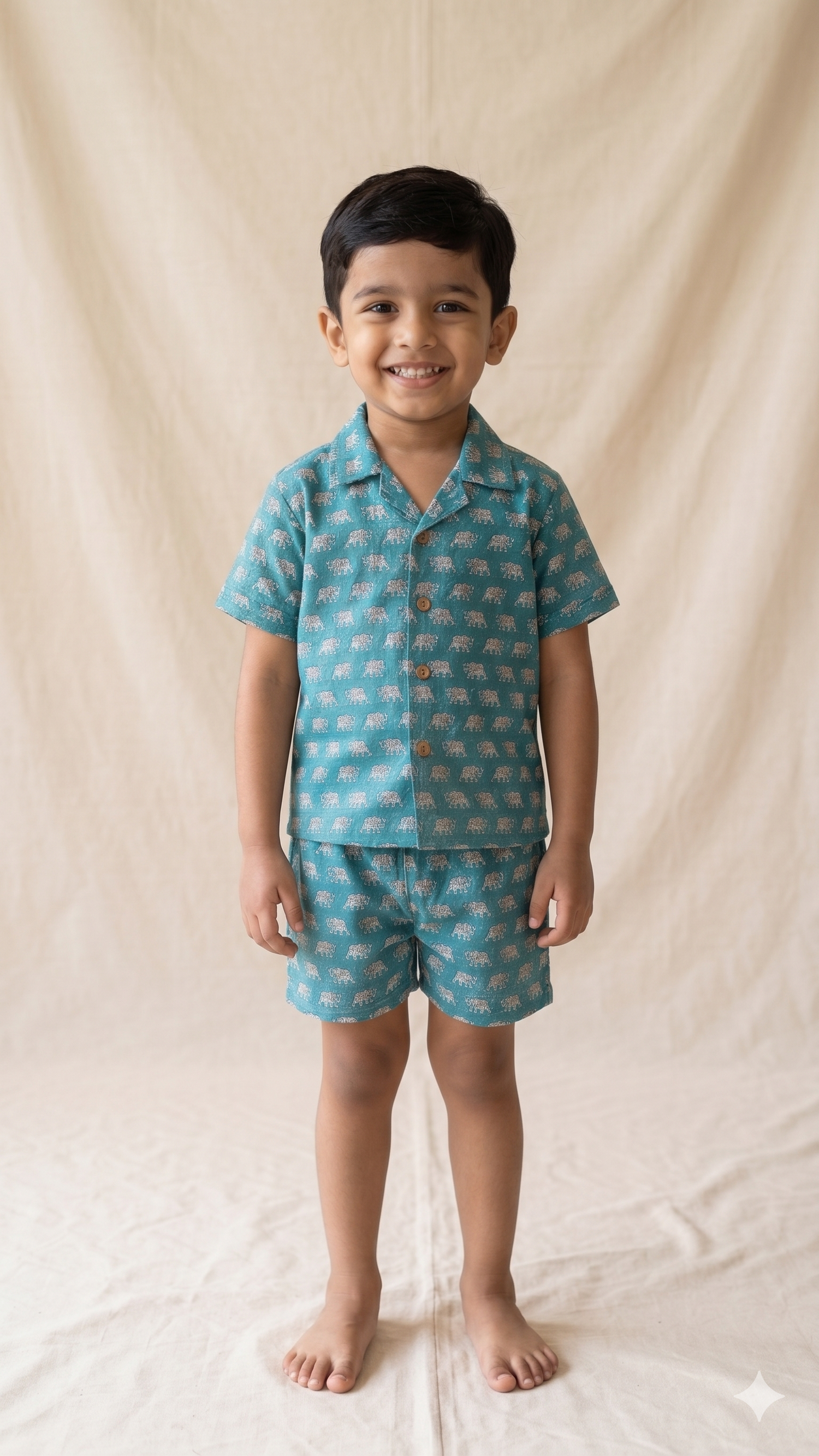 Teal Blue Elephant Block Print Cotton Shirt and Shorts Co-ord Set