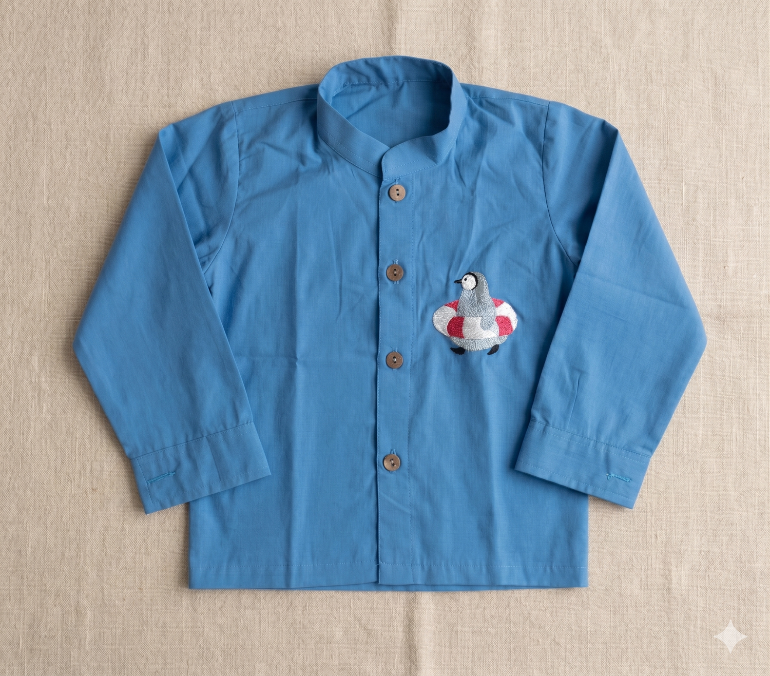 Solid Cobalt Blue Embroidered Penguin Mandarin Collar Full-Sleeve Shirt