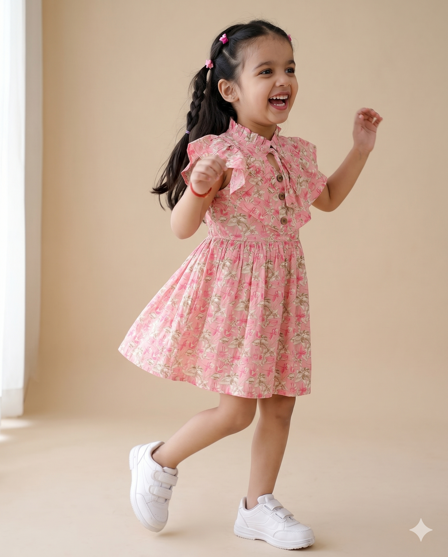 Pink Tropical Ruffle Shirt Dress