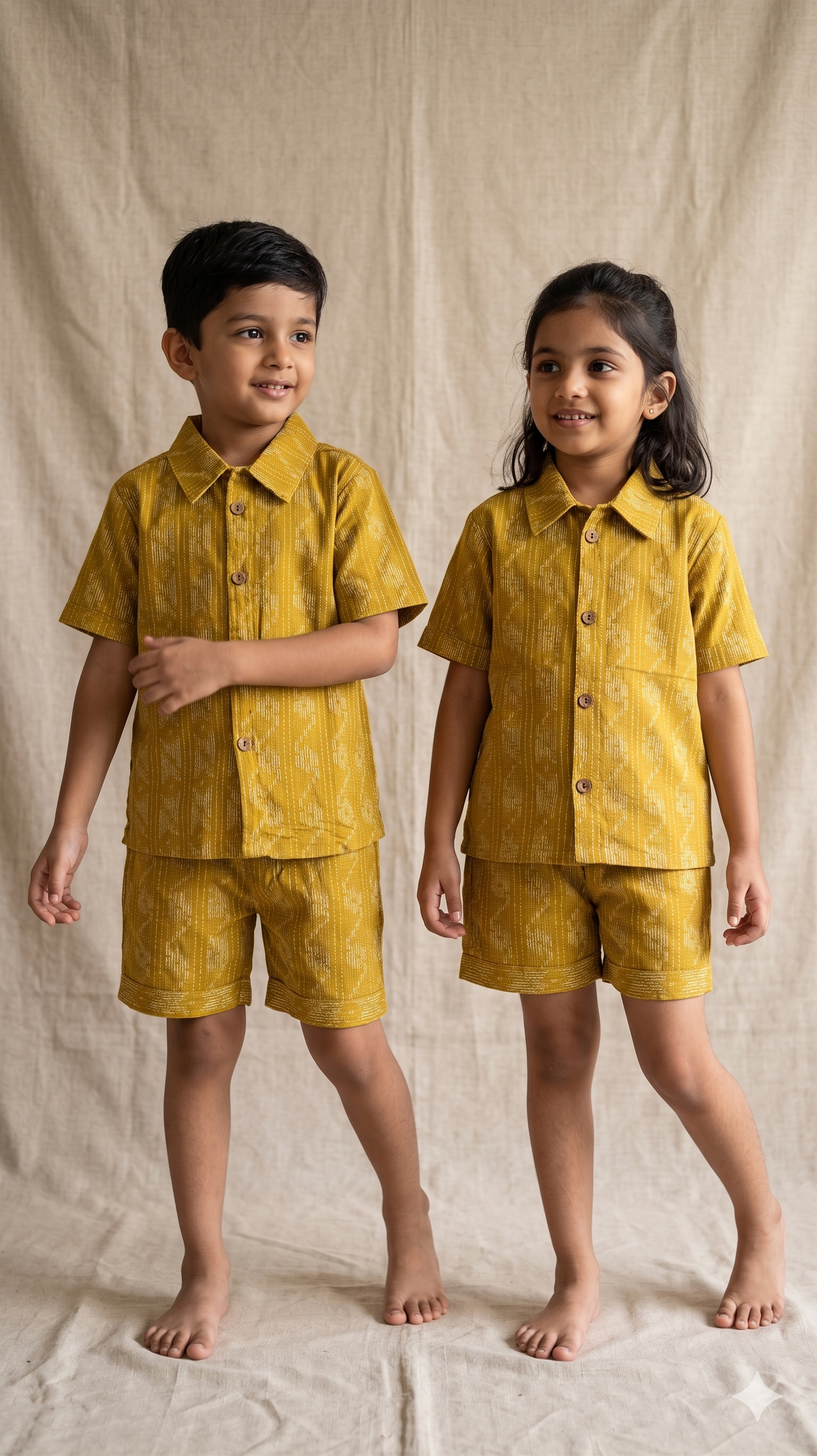 Mustard Yellow Woven Dash Stripe Cotton Shirt and Shorts Co-ord Set