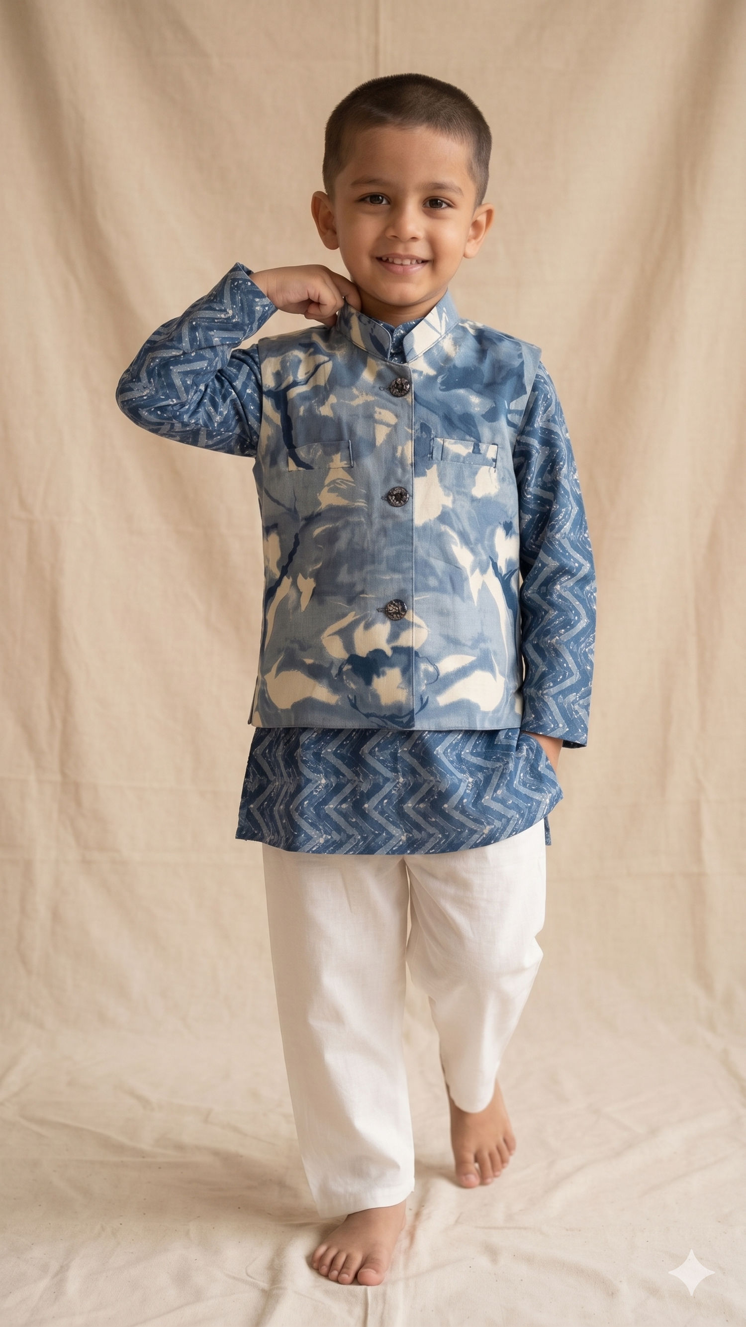 Indigo Jacket with Chevron Block Print Kurta and White Pyjama Set