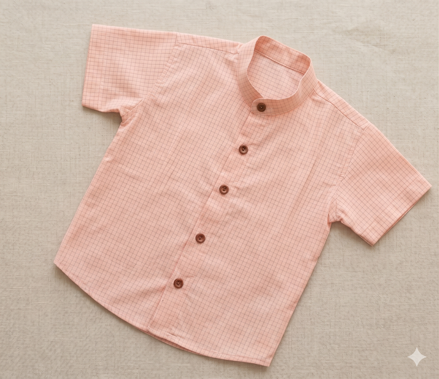 Woven Check Mandarin Collar Short-Sleeve Shirt