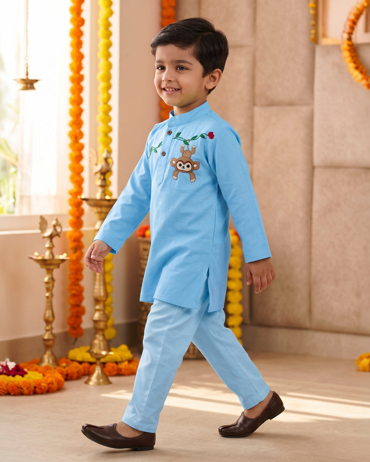 Natkhat Bandar Embroidered Monkey & Vine Cotton Kurta Pajama Set for Boys
