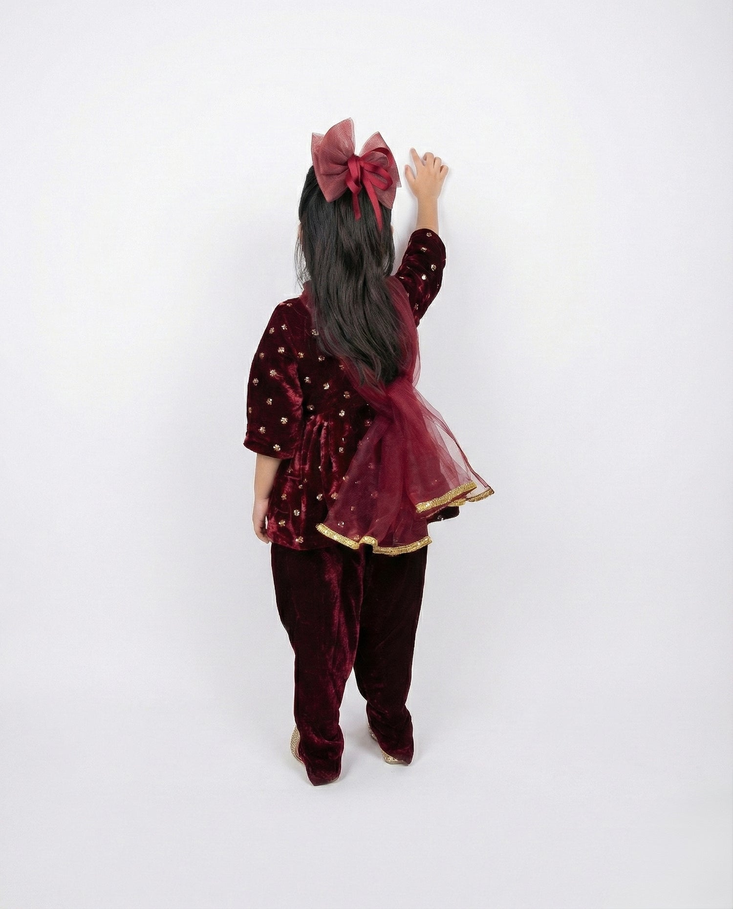 Maroon Velvet Dhoti Kurta with Matching Net Dupatta