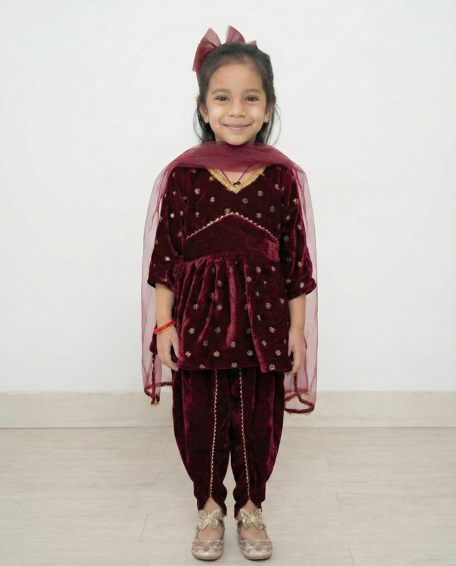 Maroon Velvet Dhoti Kurta with Matching Net Dupatta