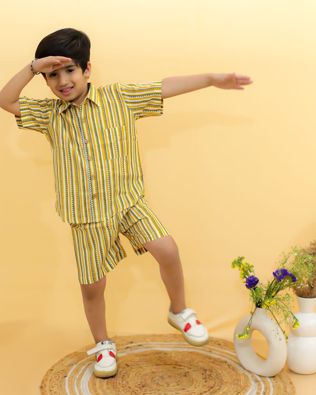 Mustard Yellow Striped Hand Block Printed Shirt and Short Co-ord Set