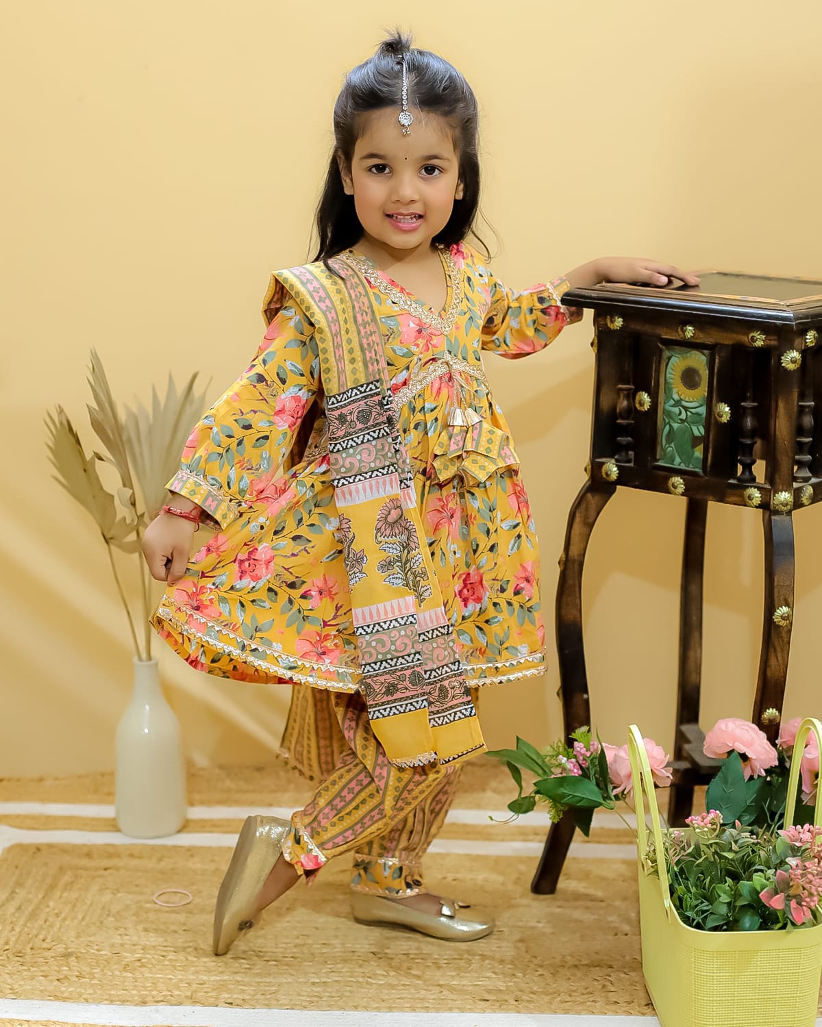 Golden Bloom Kurta Afghani Set