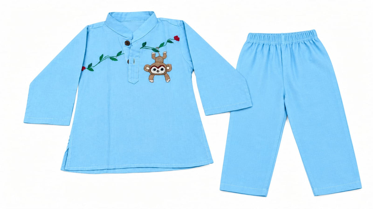 Natkhat Bandar Embroidered Monkey & Vine Cotton Kurta Pajama Set for Boys