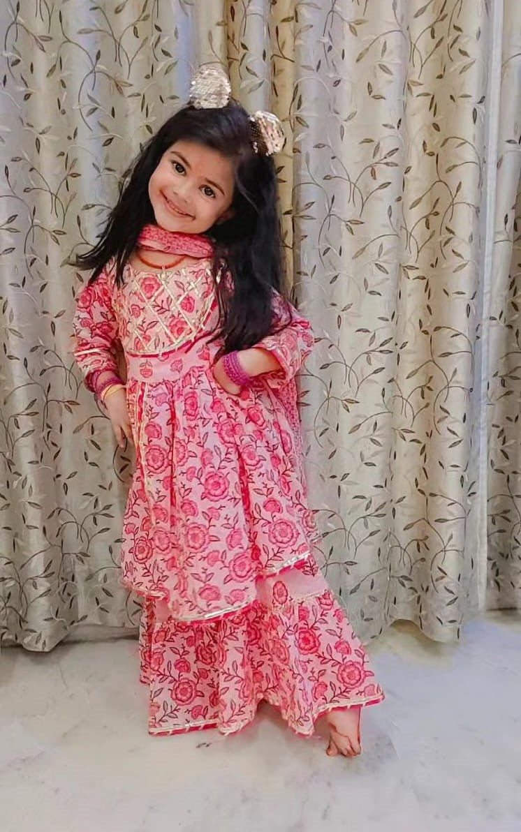 Rosie Pink Hand Block Printed Sharara Suit Set