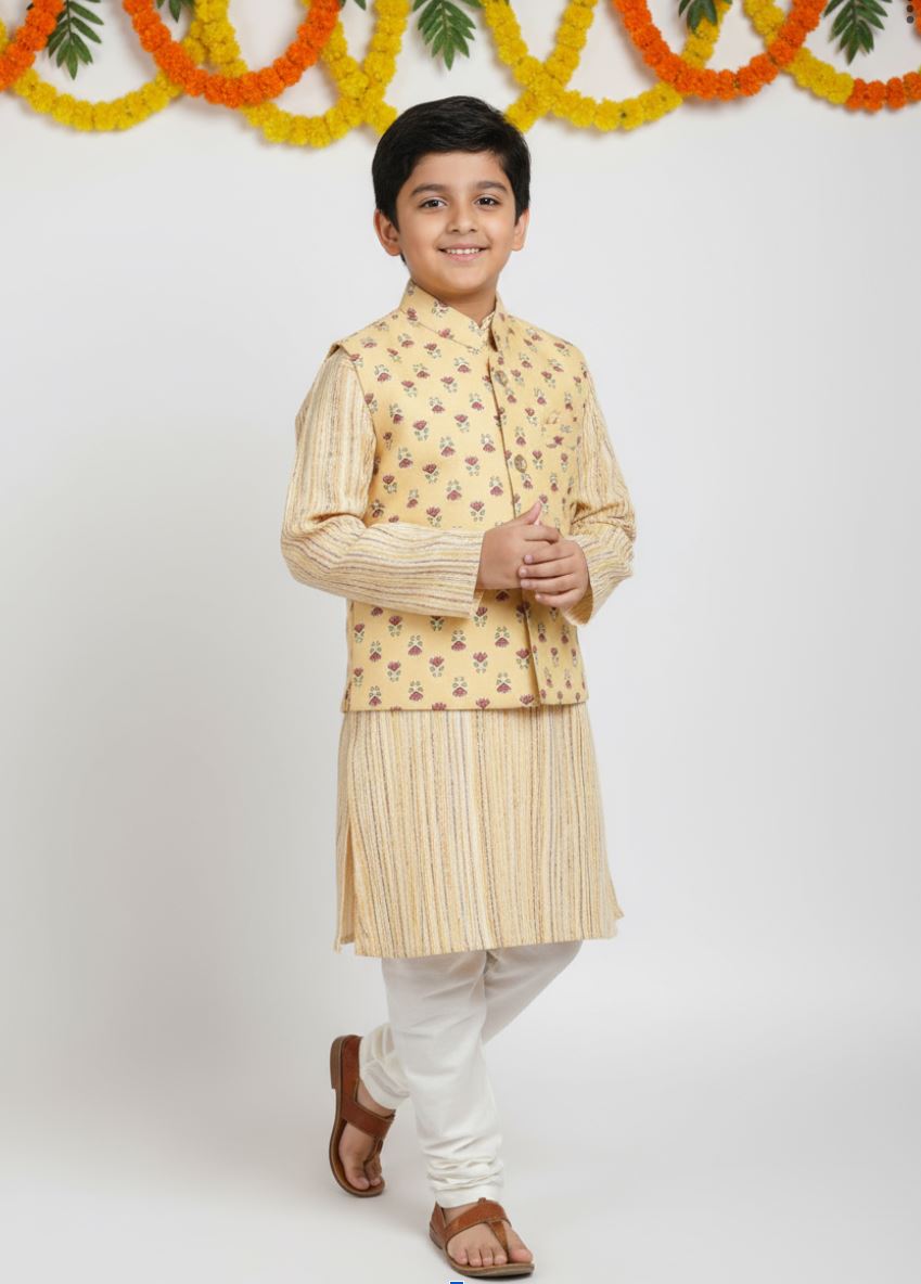 Itsy Print Jacket with Abstract Striped Kurta & Pajama
