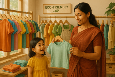 "I was searching for eco-friendly kidswear, and Wear Miho is a gem! Sustainable yet stylish – I feel good as a parent choosing this brand." – Ankita, Pune 

generated a image ankita north east to buy cloths in daugther image right to left. 