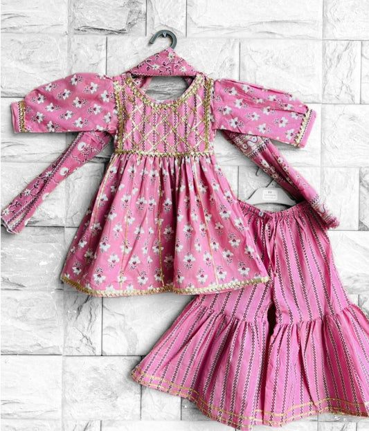 Jasmine on Pink Hand Block Printed Sharara Suit Set