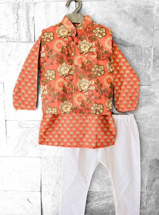 Coral Phool Print Jacket with Kurta & Pajama