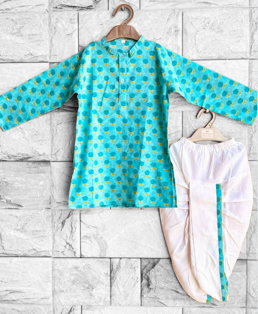 Teal Blue Bud Hand Block Printed Dhoti Kurta Set