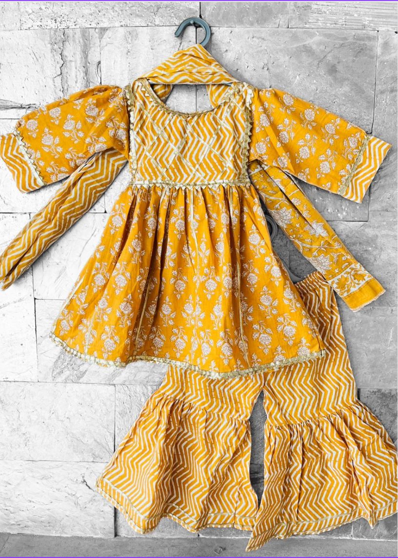 GoldenRod Floral Booti Hand Block Printed Kurta Sharara Set