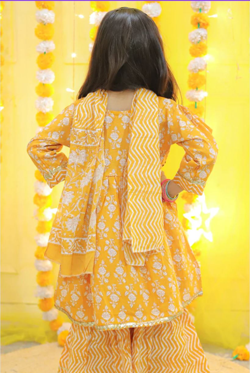 GoldenRod Floral Booti Hand Block Printed Kurta Sharara Set