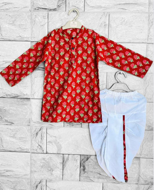 Cherry Red Bagru Hand Block Printed Dhoti Kurta Set