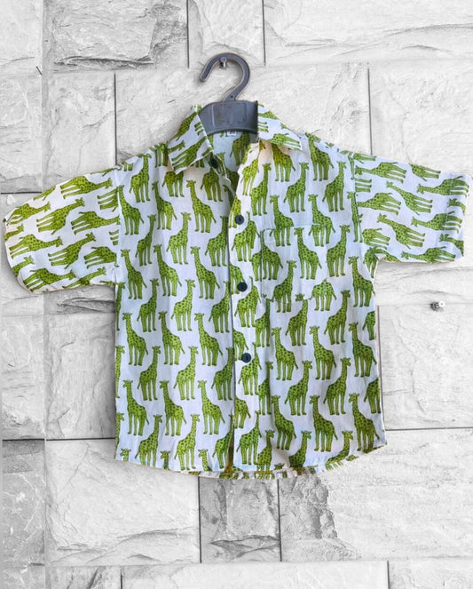 Green Giraffe Block Printed Cotton Shirt