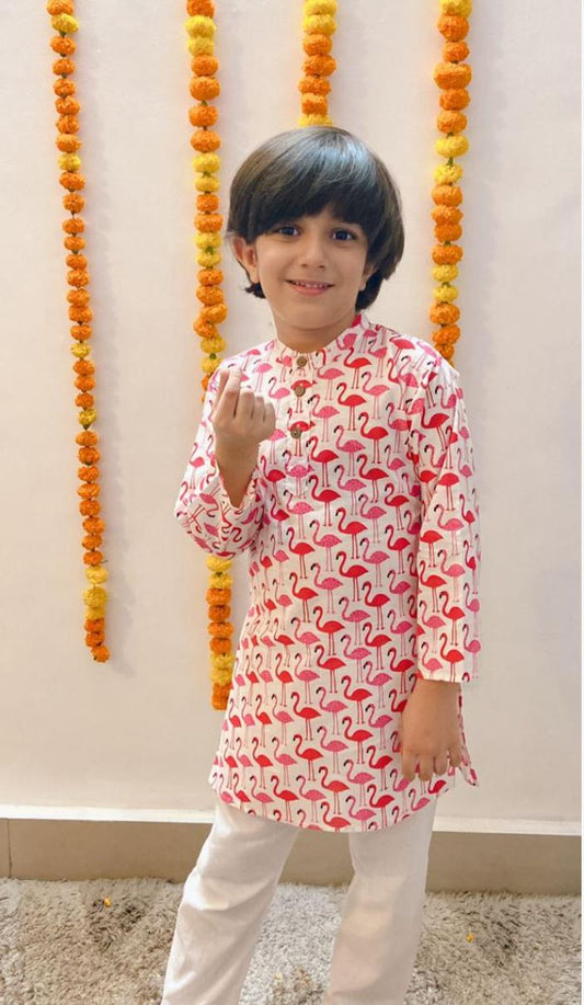 Flamingo Print Cotton Kurta Pajama