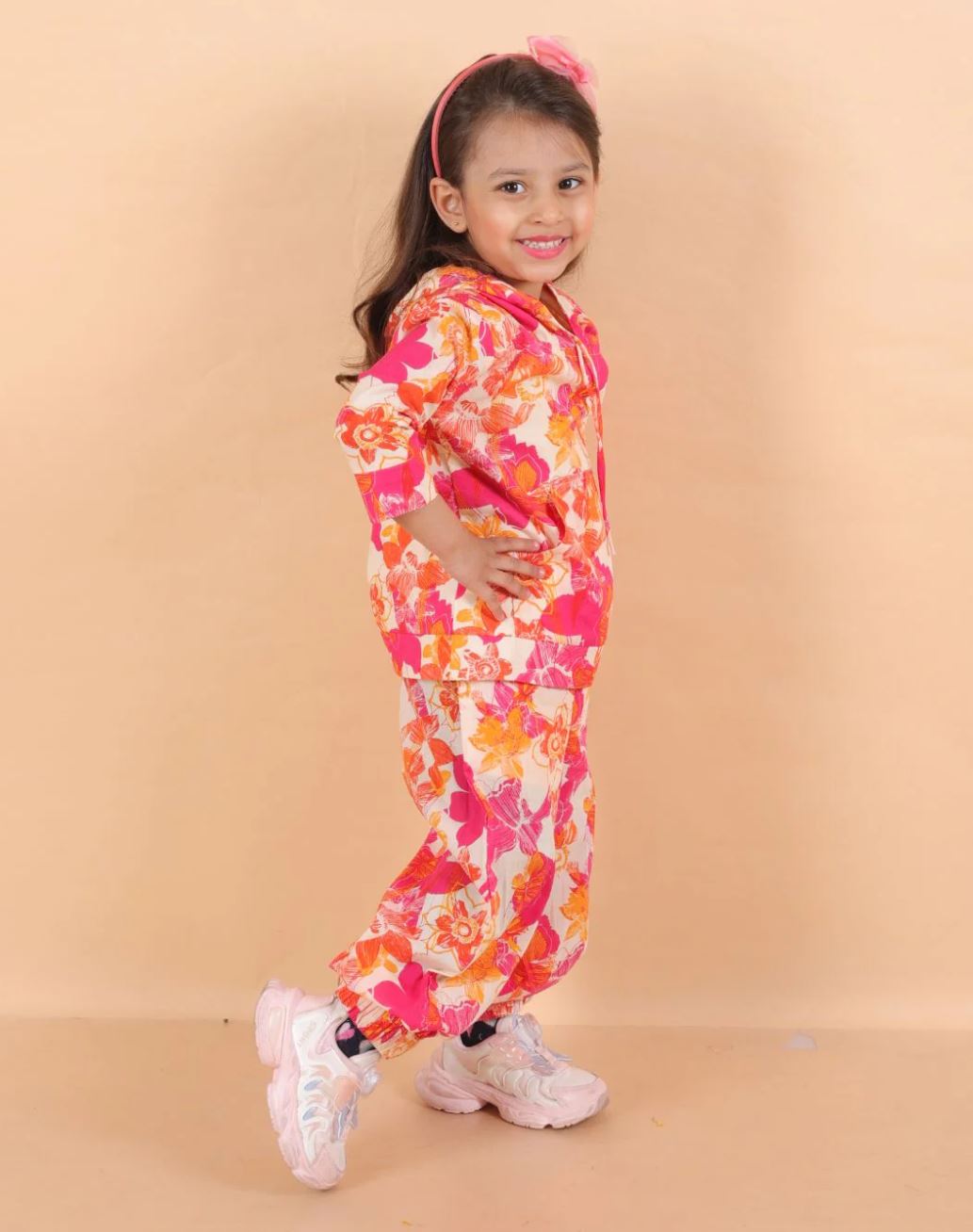 Peony Floral Orange Pink Print Hoodie Co-ord Set