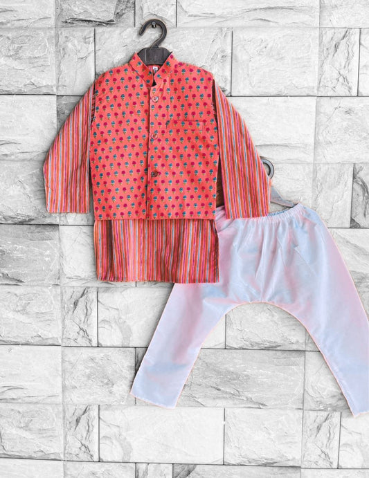 Pink and Orange Booti Print Jacket with Striped Kurta & Pajama