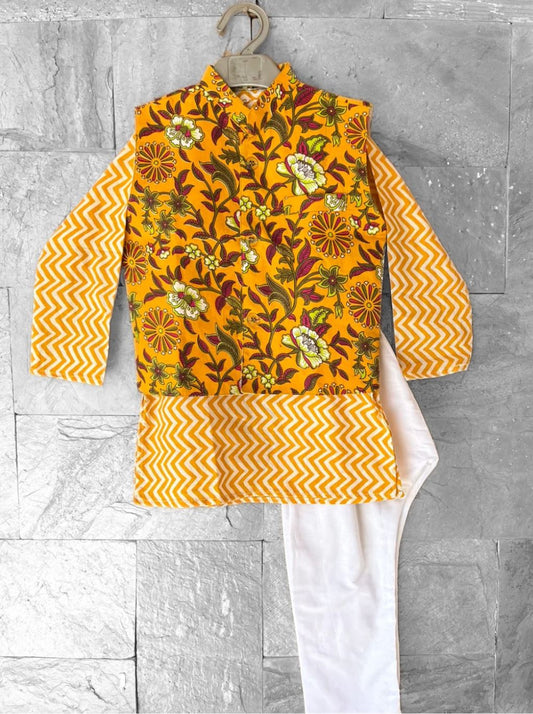 Floral Print Jacket with Zig Zag Kurta & Pajama